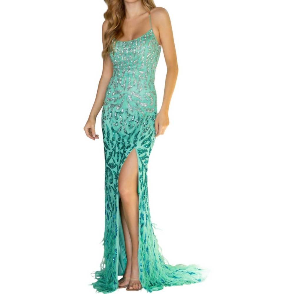 NEW PRIMAVERA sequined embellished dress with feathers prom dress in jade